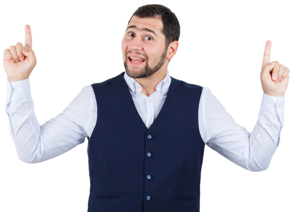 Uomo d'affari vestito con un completo blu e una camicia azzurra che indica con lo sguardo rivolto in alto