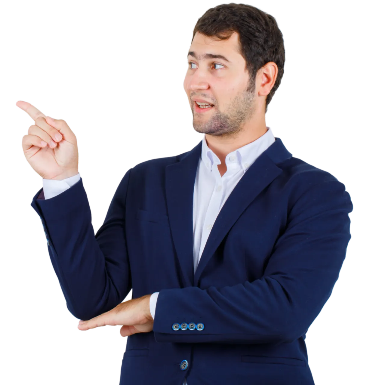 Uomo d'affari vestito con un completo blu e una camicia azzurra che indica con lo sguardo rivolto alla sua destra
