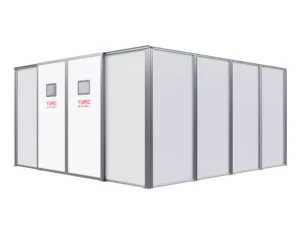 Rendering su sfondo bianco della cabina di saldatura (welding room) di Yupec Service Italia, vista a 45 gradi