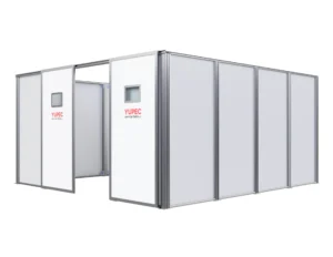Rendering su sfondo bianco della cabina di saldatura (welding room) di Yupec Service Italia, vista aperta a 45 gradi