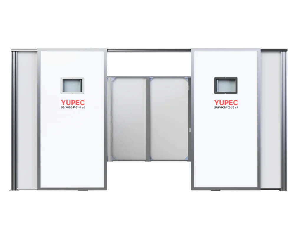Rendering su sfondo trasparente della cabina di saldatura (welding room) di Yupec Service Italia, vista aperta frontalmente