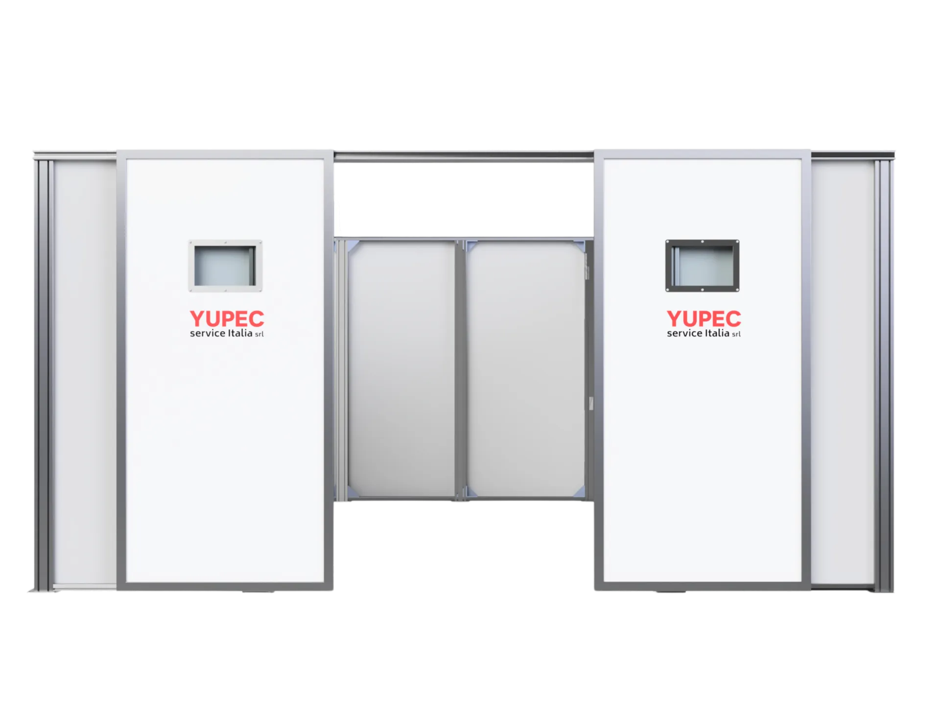 Rendering su sfondo trasparente della cabina di saldatura (welding room) di Yupec Service Italia, vista aperta frontalmente
