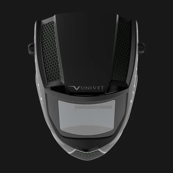 Vista dall’alto del casco di saldatura laser Univet MASTR, con logo e dettagli di ventilazione.