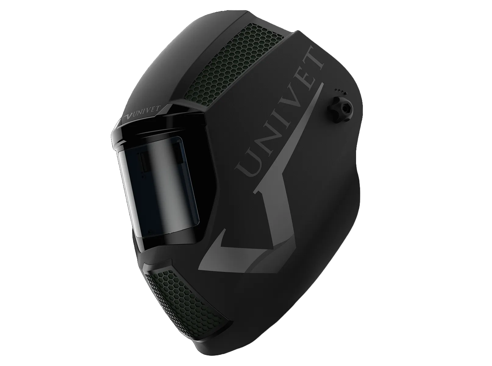 Casco di saldatura laser Univet MASTR nero con design ergonomico e ventilazione avanzata per massima protezione.